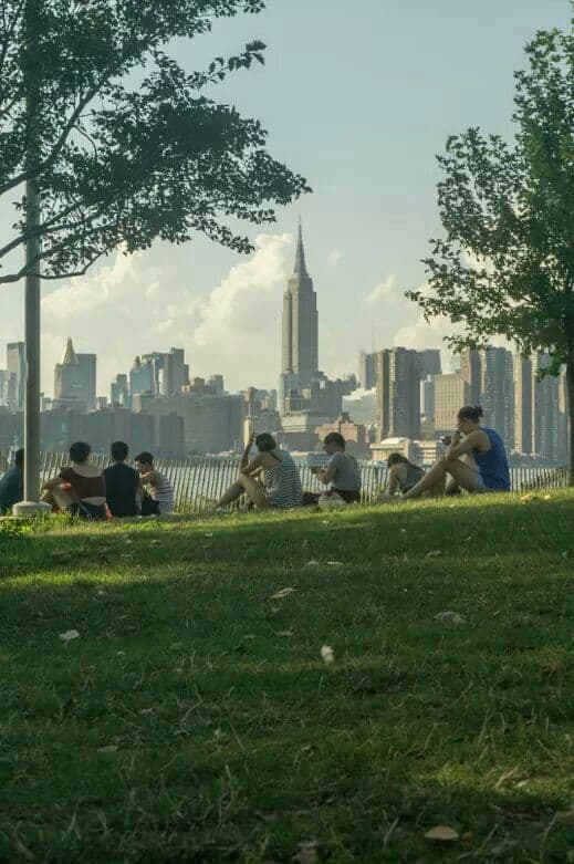 People on the grass in a park with the skyline behind